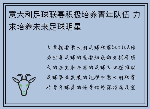 意大利足球联赛积极培养青年队伍 力求培养未来足球明星