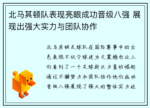 北马其顿队表现亮眼成功晋级八强 展现出强大实力与团队协作
